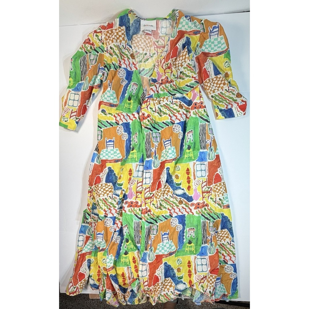 Deloreta Dress Womens Large Colorful Art Print Midi Peru Designer